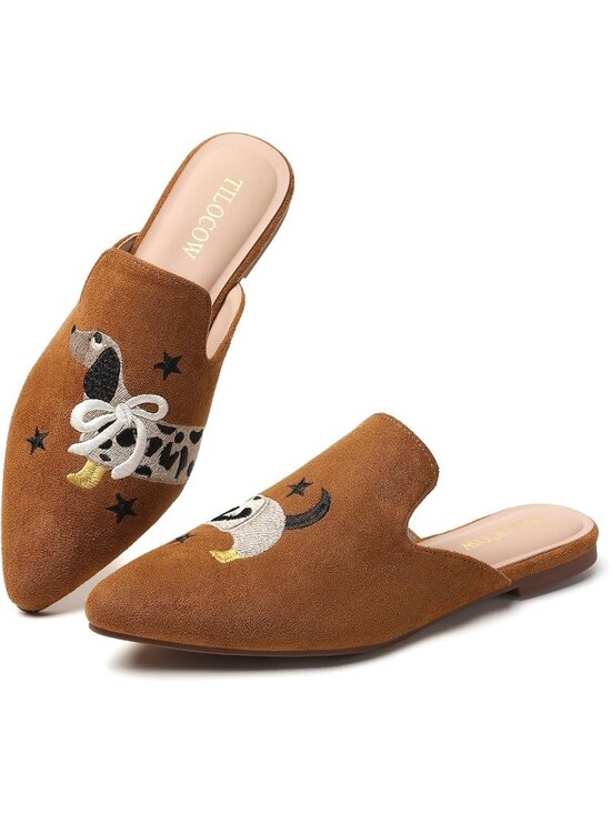 Shoes - Women's Brown Dog Lightweight Pointed Toe Flat Mules Backless Slip On Loafers